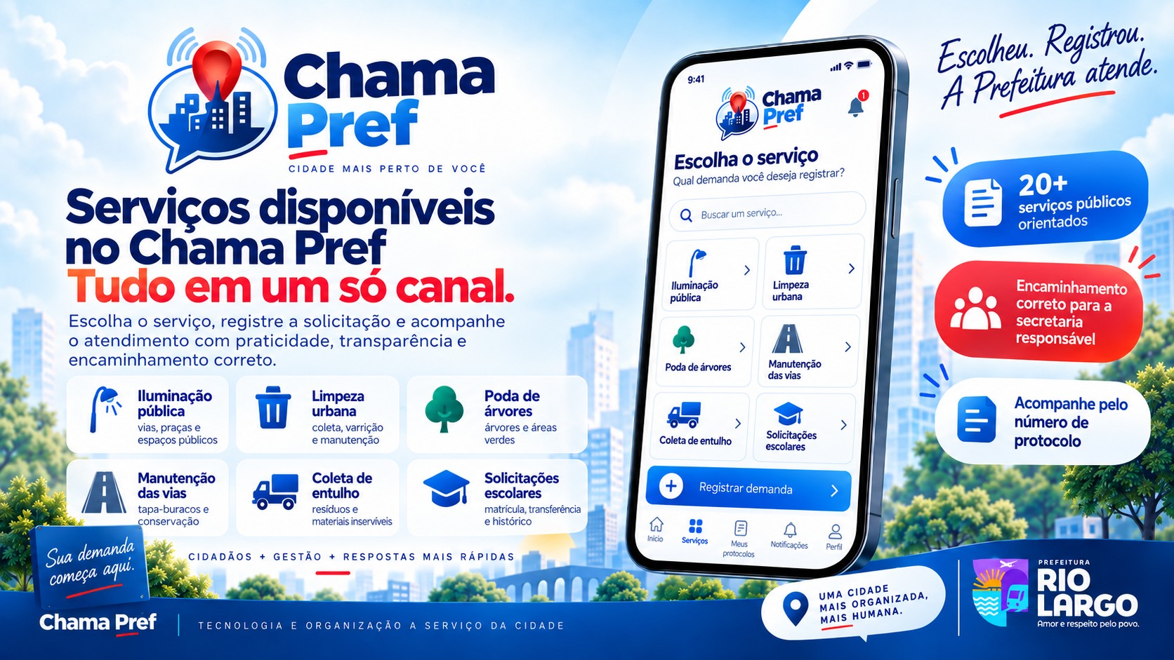 Serviços disponíveis no ChamaPref, como iluminação pública, limpeza urbana, poda de árvores e manutenção das vias.