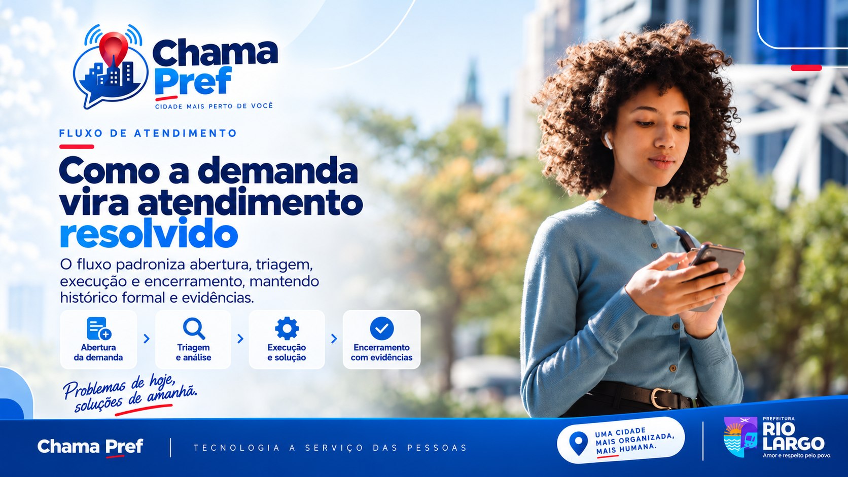 Fluxo de atendimento do ChamaPref: abertura da demanda, triagem e análise, execução e solução, e encerramento com evidências.