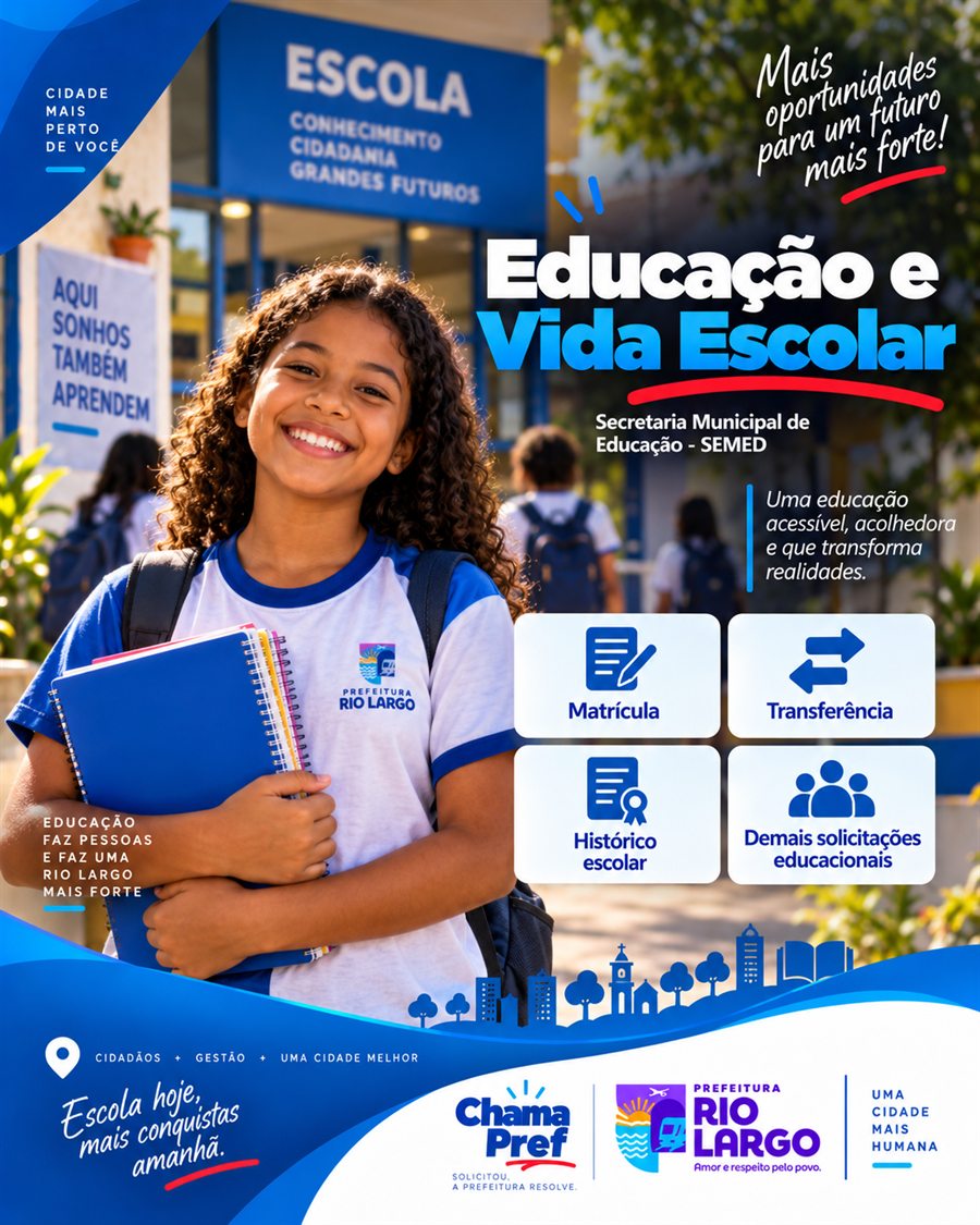Serviços de matrícula, transferência, histórico escolar e demais solicitações da Secretaria Municipal de Educação.